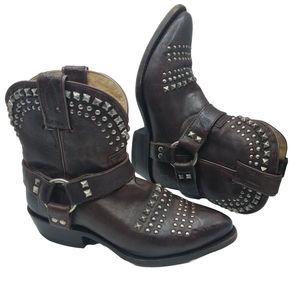 Frye Studded Brown Leather Ankle Booties Women's Sz 6 Rockabilly Biker Pull On